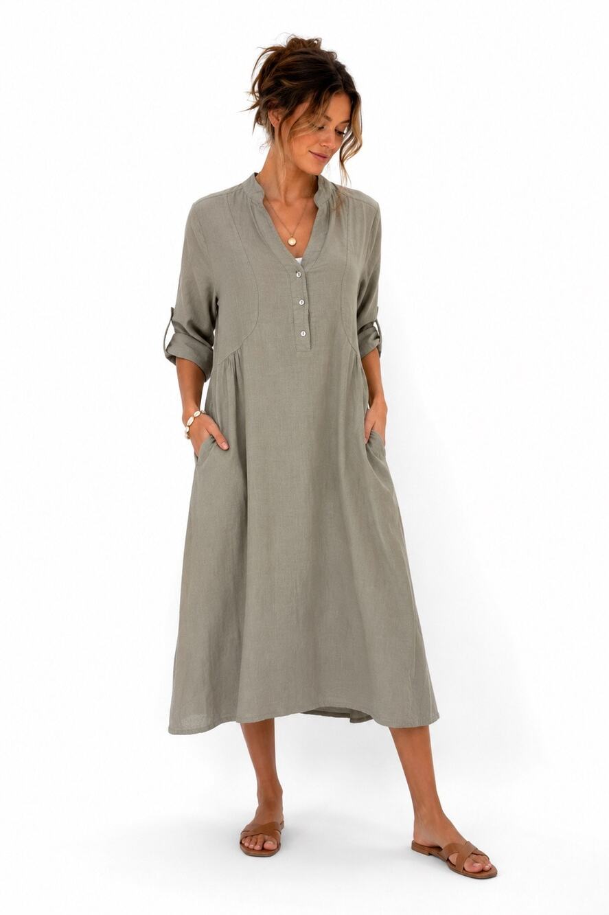Francesca Bettini Womens S Midi Linen Cotton Dress  Relaxed Lagenlook Pockets
